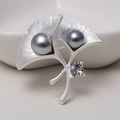 Matte silver ginkgo leaf brooch with grey pearls and crystal accents on leather - 0479-Silver Ginkgo Leaf Pearl