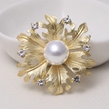 Golden leaf brooch with center pearl and sparkling diamond accents in matte finish - 0483-Gold Leaf Rhinestone Pearl