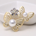 Golden butterfly brooch with white pearls and sparkling crystal flower details - 0487-Gold Butterfly Pearl Rhinestone