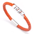 Men's orange braided leather bracelet with silver magnetic clasp and engraved spiral beads - Orange
