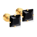 Minimalist square black stud earrings with gold four-prong setting and screw flat back - Black Zirconia / 6mm / Gold