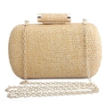 Elegant beige hand-woven straw clutch bag with gold metallic clasp and fine chain strap - Gold