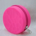 Pink silicone round coin purse with 3D geometric texture and secure zip closure - Rose Red