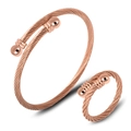 Rose gold twisted cable jewelry set including open spring bracelet and matching ring - Rose Gold