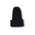 Detail view of navy blue knit beanie showing thick vertical ribbed texture and wide cuff - No Ball Style / Black