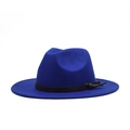 Close-up of royal blue wool felt hat featuring a black leather band and flat brim design - Adult 56-60cm / Royal Blue