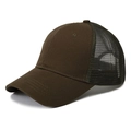 Dark brown mesh trucker hat with solid front panel and ponytail hole in side view - Adjustable / Army Green
