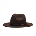 Close-up of brown wool fedora hat featuring black leather belt and gold metal buckle - 56-60cm / Coffee