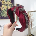 Sparkling burgundy knotted headband with grey rhinestones and elegant satin finish - Burgundy
