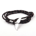 Black woven rope wrap bracelet with silver whale tail charm and red-white accents - SW-14 Black Red White Spots