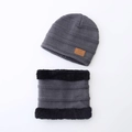 Dark grey knitted men's beanie hat and neck warmer set with warm black fleece lining - Kids / Gray