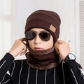 Men's winter knit beanie hat and neck warmer set with thick plush lining in dark coffee - Adult / Coffee