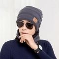 Men's dark grey knitted beanie and neck warmer set with thick fleece lining - Adult / Gray