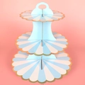 Three-tier disposable blue and white striped paper cupcake stand with gold wavy edges - Blue Lollipop