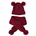Burgundy knit beanie and scarf set for toddlers featuring adorable double pom-poms - Burgundy