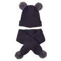 Close-up of knit winter set for kids featuring double faux fur pom-poms on hat and scarf - Deep purple