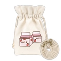 Beige canvas drawstring bucket bag with strawberry milk illustration and crossbody strap - Strawberry Milk