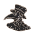 Detailed close-up of a Plague Doctor enamel pin with black hat and golden metal edges - Black Gold Profile Plague Doctor