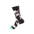Black cotton crew socks with white bird patterns and contrast mint green toe detail - No. 037 Black Flying Bird