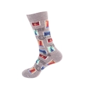 Single grey crew sock with air mail stamp patterns on a clean white background - No. 050 Grey Stamp