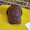 Detail of a black baseball cap with rose gold rhinestones on a yellow table - Adjustable / Black Multi-color