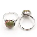 Macro detail of silver adjustable rings featuring round polished Unakite gemstones - Adjustable Open / Unakite