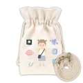 Beige canvas drawstring bucket bag with cartoon girl illustration and crossbody strap - Chirp Girl