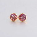 Macro shot of 10mm circular stud earrings with pink druzy resin crystals in gold settings - Iridescent Pink Gold (4)