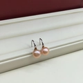 Elegant silver hook earrings featuring round pink champagne freshwater pearls - 7.5mm Silver Base Orange Button Pearl Silver High Heel