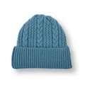 Detailed macro view of gray-blue cable-knit pattern and ribbed cuff on a winter beanie - Aqua Blue