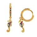 Golden seahorse hoop earrings with colorful zircon stones in a detailed 3D design - Seahorse / Gold