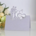 Detail of laser-cut Mr & Mrs lilac pearl paper wedding place card with heart silhouette - Light Purple