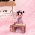 Chinese court girl figurine in pink dress writing with brush at a scholar desk - 1060-6 Painting Style