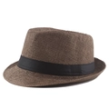 Dark brown straw panama hat with black fabric ribbon band for summer outdoor sun protection - Coffee