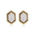 Close-up of hexagonal gold stud earrings featuring sparkling silver glitter stone inlay - Silver
