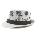 Cappello di paglia crema da uomo con stampe di palme nere e nastro decorativo - 58cm / Bianco Sporco