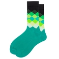 Detailansicht türkisfarbener Socken mit buntem Rautenmuster und schwarzem Rippbündchen - Größe 38-46 / Schwarzer Bund Grün