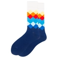 Detail bunter Socken mit Rautenmuster und lebendiger geometrischer Strickstruktur - Größe 38-46 / Weißer Bund Marineblau