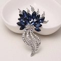 Silver flower brooch featuring navy blue crystal petals and sparkling clear rhinestones - MM-BR-0492 White K (Floral Bouquet)