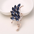 Rose gold feather brooch with deep blue crystals and sparkling rhinestones - MM-BR-0494 Gold (Leaves)