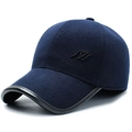 Dark blue wool blend elder man baseball cap with ear protection and leather brim piping - Adjustable / Navy Blue