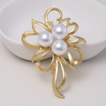 Matte golden flower brooch with three white imitation pearls and elegant finish - 0471-Gold Flower Three-Pearl