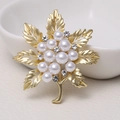 Golden maple leaf brooch with elegant white pearls and sparkling rhinestones - 0484-Gold Maple Leaf Pearl Rhinestone