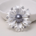 Matte silver flower brooch with large grey pearl and sparkling rhinestone accents - 0483-Silver Leaf Rhinestone Pearl
