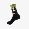 Artistic black crew sock featuring green cuff and Mona Lisa portrait oil painting print - One Size / Mona Lisa