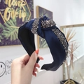 Sparkling dark blue knotted headband with hand-sewn crystals and satin texture - Navy Blue
