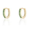 Detailed view of gold huggie earrings set with round green zircon stones on white background - Gold Plated + Green Zirconia