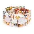Bohemian multi-layer wrap bracelet featuring white marble, gold, and wood beads - White