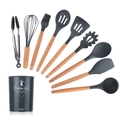 12-piece dark grey silicone kitchen utensil set with natural wooden handles and storage bucket - Kitchen Utensils Set B (With Storage Bucket)