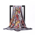 Luxurious butterfly print silk satin square scarf with vibrant colors on grey background - 90x90cm / Grey